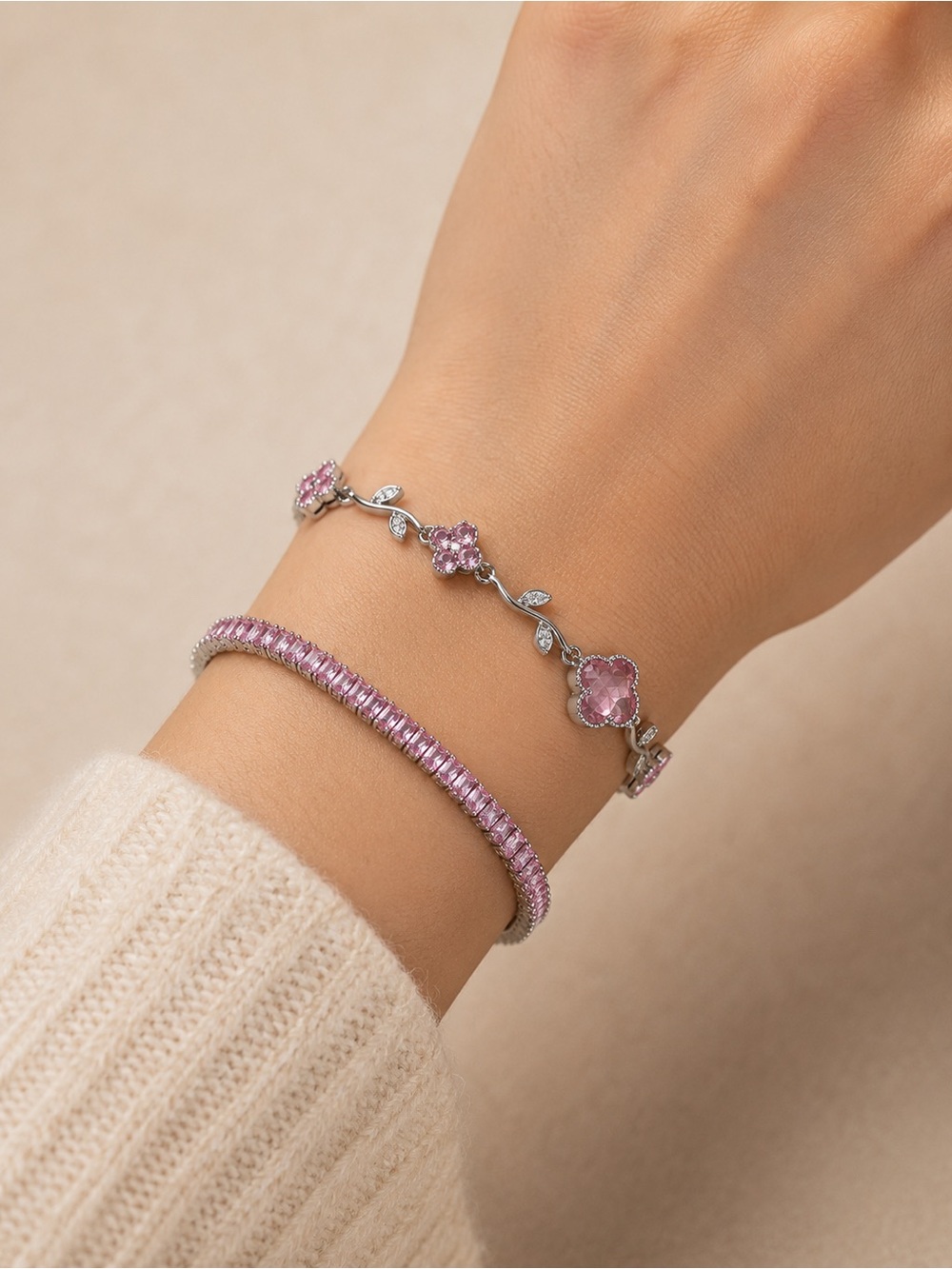 Pink Crystal Bracelet Set - Clover Gem and Flowers Vine & Tennis Bracelets - Picture 5 of 5